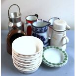 A quantity of enamelled items, with ceramic jug and vintage glass dishes.