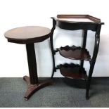 A mahogany three tier corner whatnot and an early 19th Century pedestal table.