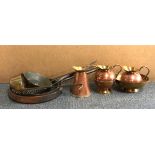 A large copper pan, Victorian brass planter, two early warming pans and further copper and brass