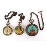 Three interesting pocket watches with chains.