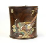 A superb Chinese mother of pearl and hardstone inlaid hardwood brush pot, H. 16cm.