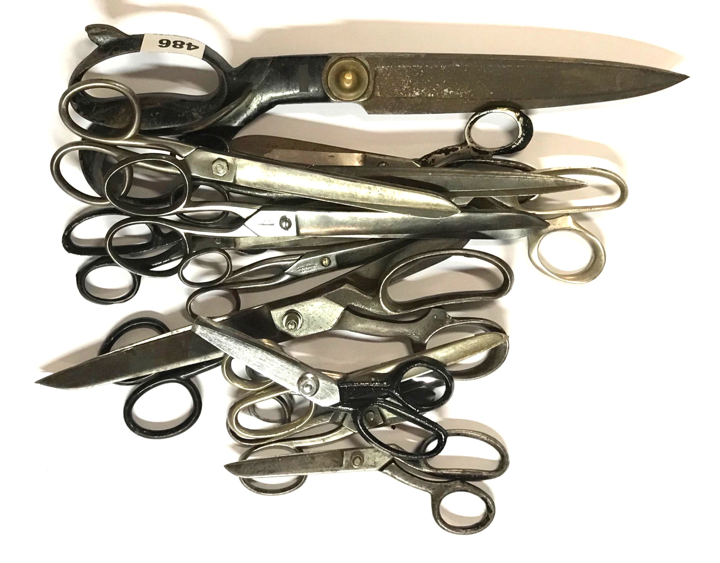 A group of mixed vintage scissors, largest 31cm, together with a pair of antique tailor's shears, L.