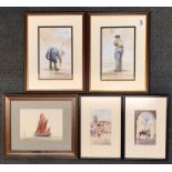 A framed watercolour of Thames barges by Michael Barton, 36 x 31cm, together with four further