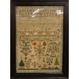 A 19th century oak framed sampler by Evangeline Tonkin, age 13, c. 1867, 52 x 70cm.