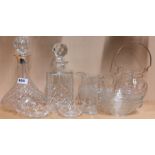 A hallmarked silver collared crystal decanter together with other crystal and glass items.