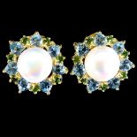 A pair of 925 silver gilt earrings set with pearl, heart cut blue topaz and chrome diopsides, Dia.