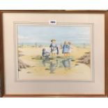 Sarah Hambley (British), a lovely framed watercolour of girls on a beach, frame size 56 x 49cm.