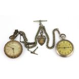 Two vintage pocket watches and a hallmarked silver pocket watch chain and fob.