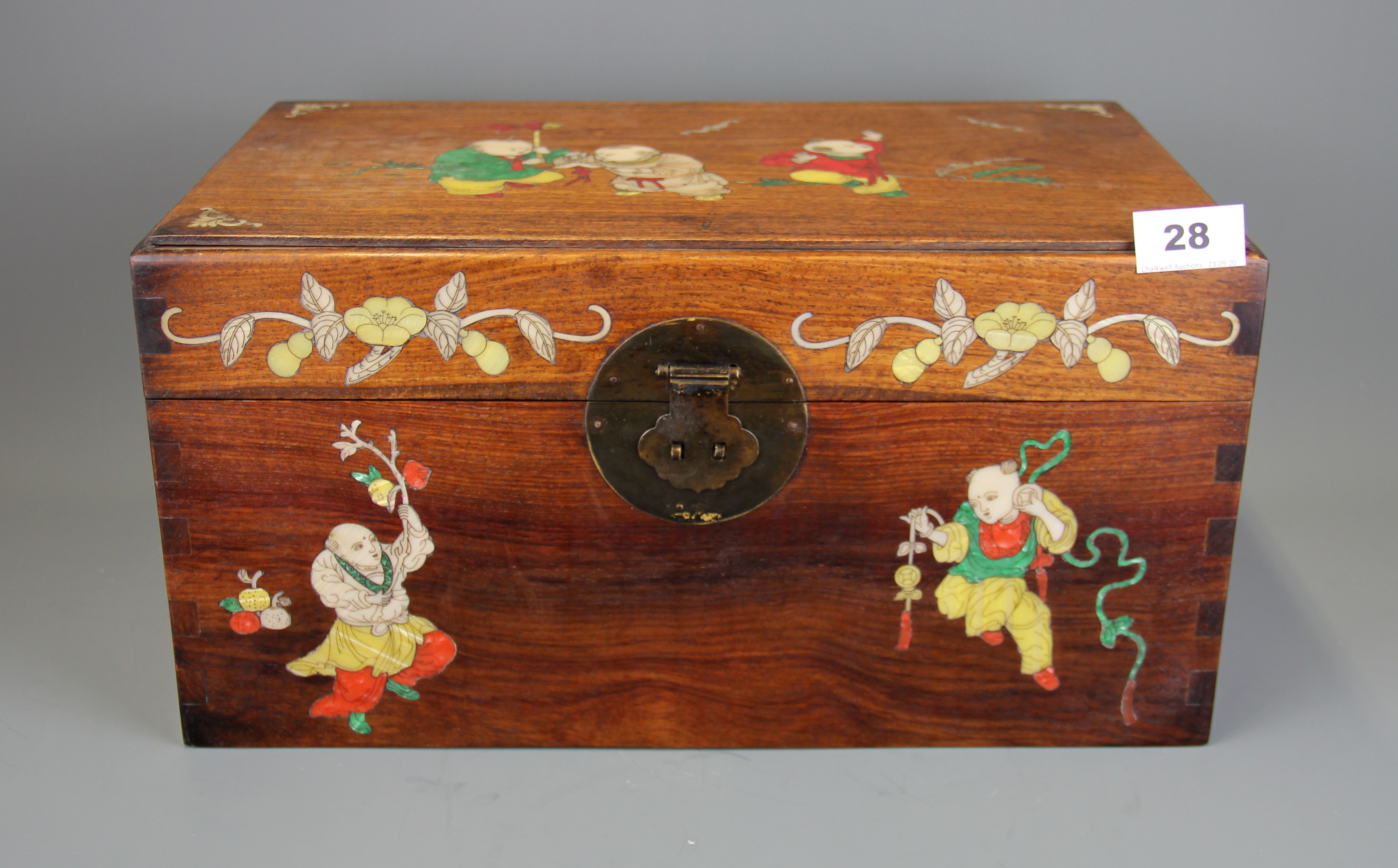 A mother of pearl inlaid Chinese hardwood box, 40 x 24 x 21cm.