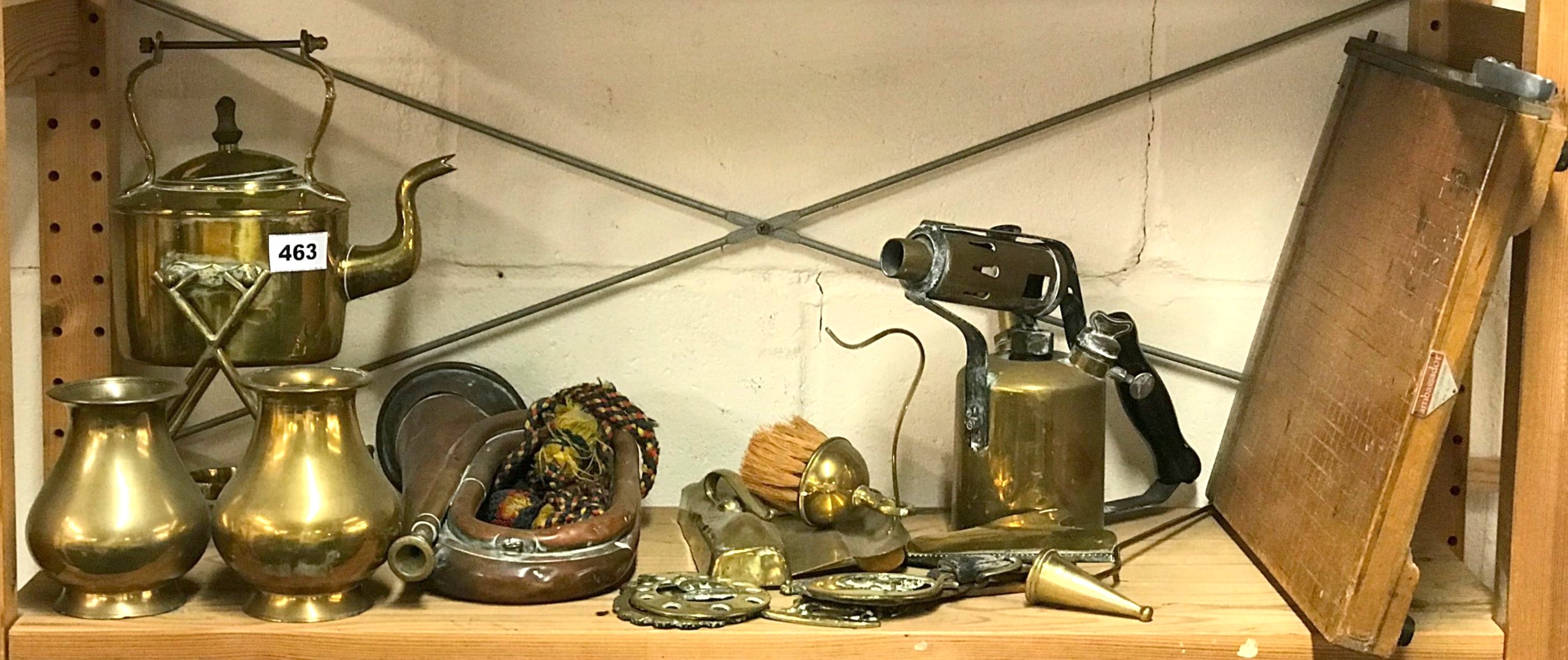 A 19th Century brass spirit kettle and other items.
