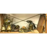 A 19th Century brass spirit kettle and other items.