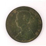 An 1862 half penny coin.