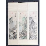 A group of three Chinese mid 20th Century hand painted silk mounted scrolls of mountain