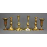 Two pairs of 19th Century brass candlesticks and a pair of Indian brass vases, tallest 17cm.