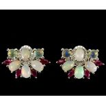 A pair of 925 silver earrings set with opals and marquise cut rubies, L. 2.5cm.