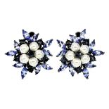 A pair of 925 silver earrings set with marquise cut tanzanites, sapphires and pearls, L. 2.5cm.