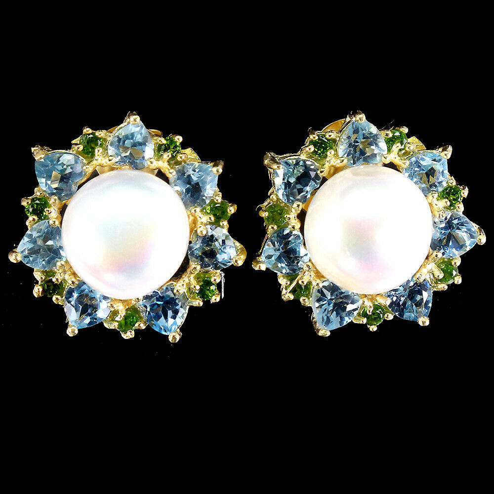 A pair of 925 silver gilt earrings set with pearl, heart cut bluet topaz and chrome diopsides,