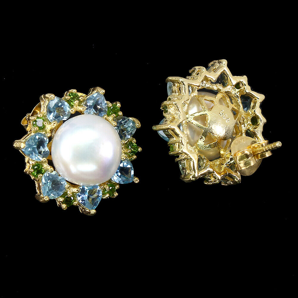 A pair of 925 silver gilt earrings set with pearl, heart cut bluet topaz and chrome diopsides, - Image 2 of 2