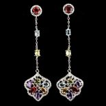 A pair of 925 silver drop earrings set with amethyst, peridot, citrine and blue topaz, L. 6.5cm.