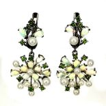 A pair of 925 silver drop earrings set with pearls, opals and chrome diopsides, L. 4cm.