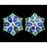 A pair of 925 silver opal and emerald set cluster earrings, L. 2cm.