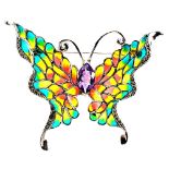 A 925 silver and marcasite champleve enamelled butterfly shaped brooch / pendant set with a large