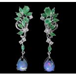 A pair of 925 silver drop earrings set with oval and marquise cut emeralds and cabochon cut opals,