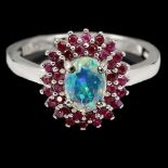 A 925 silver opal and ruby set cluster ring, (N.5).