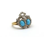A Victorian yellow metal (tested high carat gold) turquoise and diamond set ring, (L).