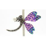 A 925 silver and marcasite enamelled dragonfly brooch / pendant, set with pearl and ruby set eyes,