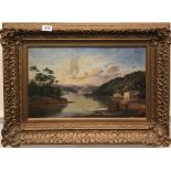 An early 19th century gilt framed oil on board river scene, 70 x 52cm.