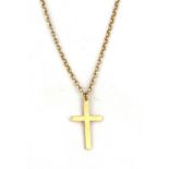 A 9ct yellow gold cross pendant and chain, L. 3cm.