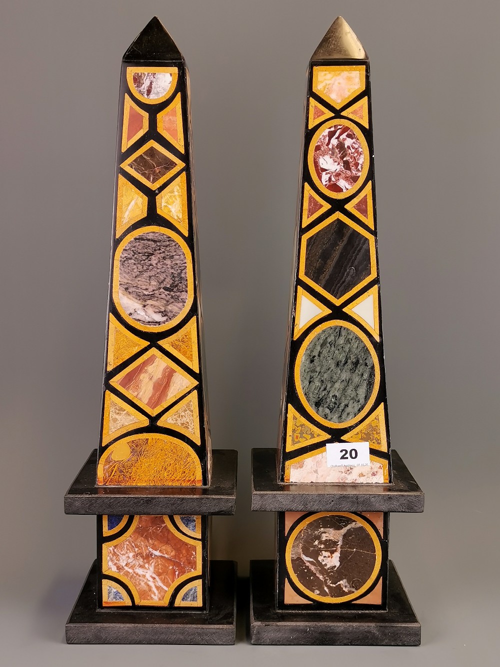 A pair of superb large Pietra dura inlaid marble obelisks, H. 55cm.