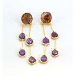 A pair of 925 silver gilt large drop earrings set with faceted cut amethyst, L. 8.5cm.