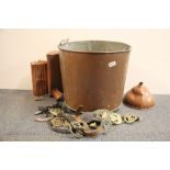 A large copper log bucket, two Victorian copper carriage heaters etc.
