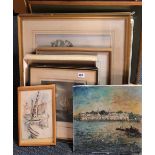 A quantity of framed watercolours, oils and engravings, largest 68 x 53cm.