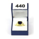 A gent's silver gilt ring set with a 3.5ct sapphire.