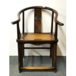 A Chinese 19th/ early 20th Century Ming dynasty style hardwood horse shoe shaped scholar's chair, H.