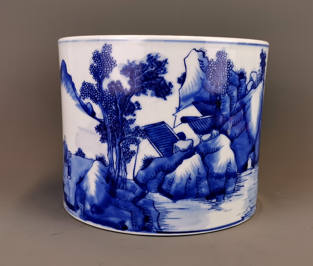 A Chinese hand painted porcelain brush pot, six character mark to base, Dia. 19cm H. 15.5cm.