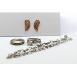 Two 925 silver rings, a silver bracelet and rose gold gilt silver pair of earrings.
