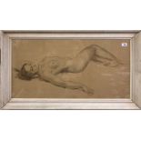 A large pencil signed pencil and pastel sketch of a female nude, frame 100 x 56cm.