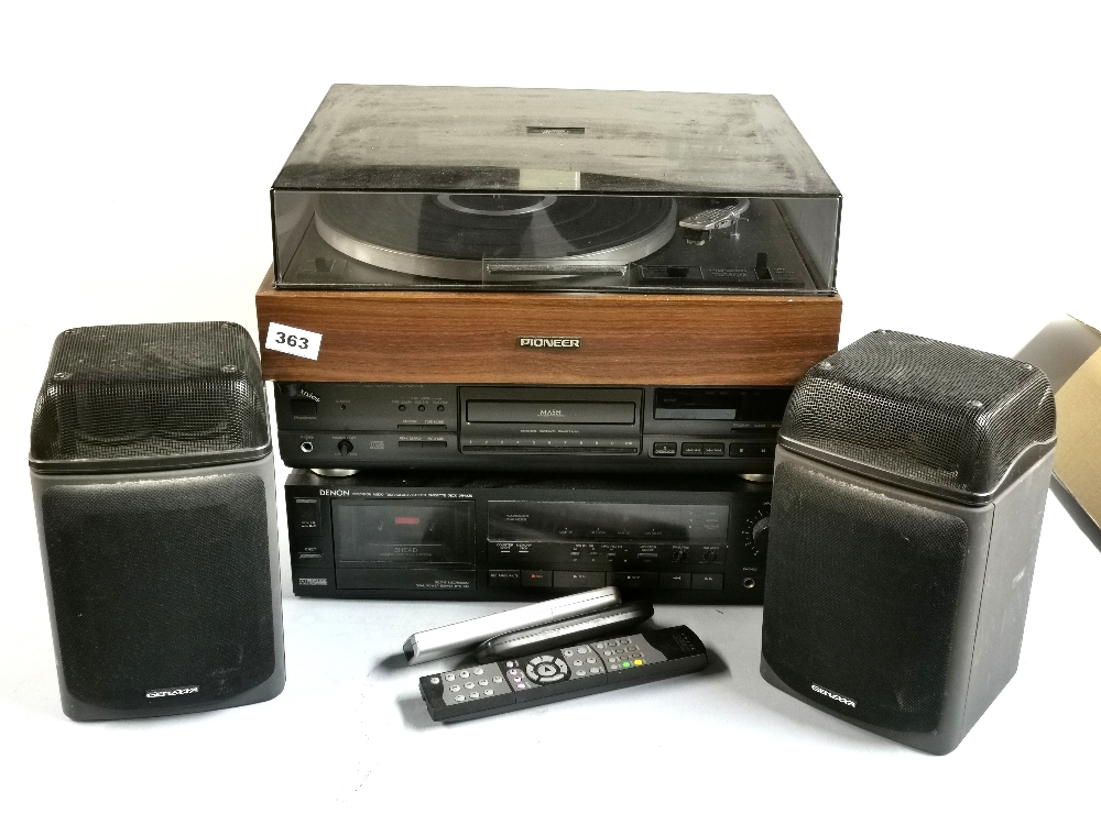 A vintage Pioneer record deck with a technics CD player, Denon tape/ amplifier and a pair of Jen