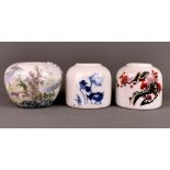 Three Chinese hand painted porcelain brush washing pots, H. 9cm.