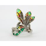 A 925 silver and marcasite enamelled dragonfly shaped ring set with ruby eyes, (N).