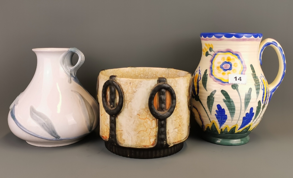 A large hand painted Crown Ducal vase, an Art Nouveau planter and a German glazed pottery vase,