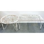 Two wrought iron tables without glass tops, largest 91 x 46 x 45cm.
