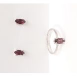 A marching pair of 925 silver stud earrings and ring set with marquise cut pink tourmaline, (O).