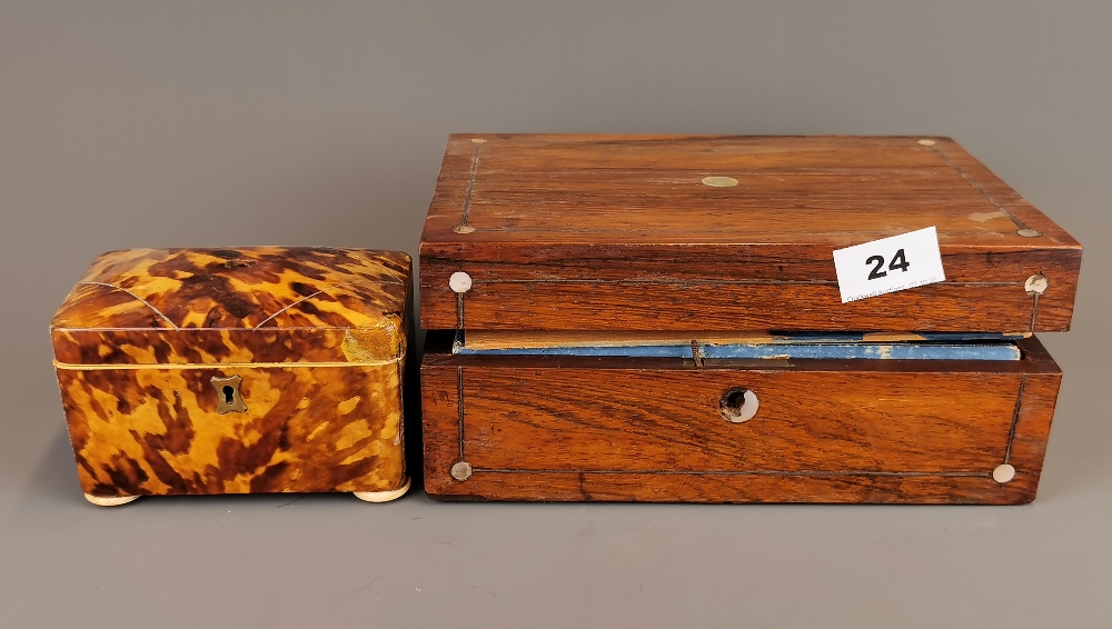 A 19th Century tortoise shell veneered box and a rosewood veneered workbox, tortoise shell box 13