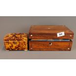 A 19th Century tortoise shell veneered box and a rosewood veneered workbox, tortoise shell box 13