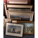 A quantity of framed oils, prints and watercolours, largest 60 x 50cm.